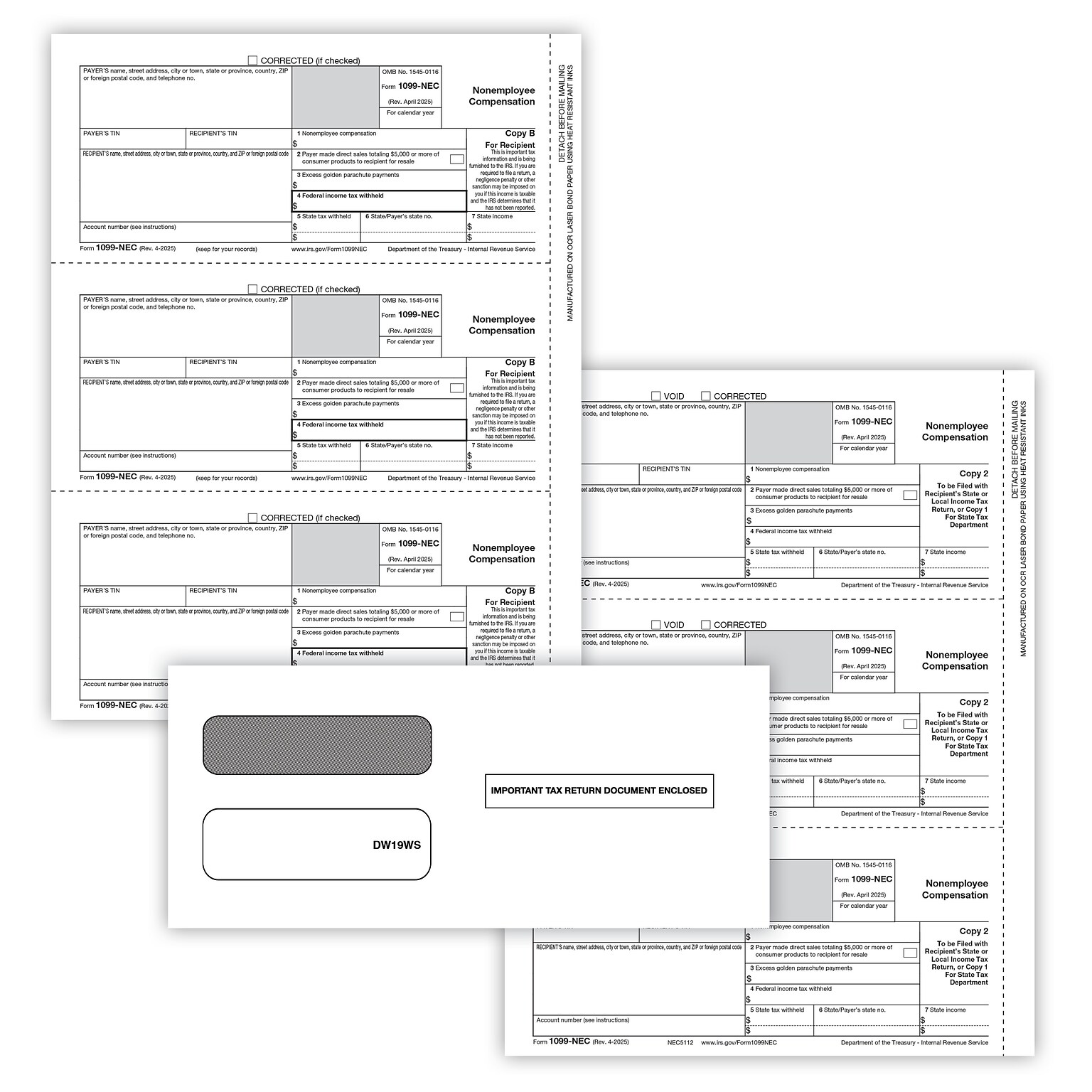 ComplyRight 2025 1099-NEC Tax Form Envelopes/Recipient Copy Only, 2-Part, 3-Up, Copy B, C/2, 25/Pack (NEC6113E25)