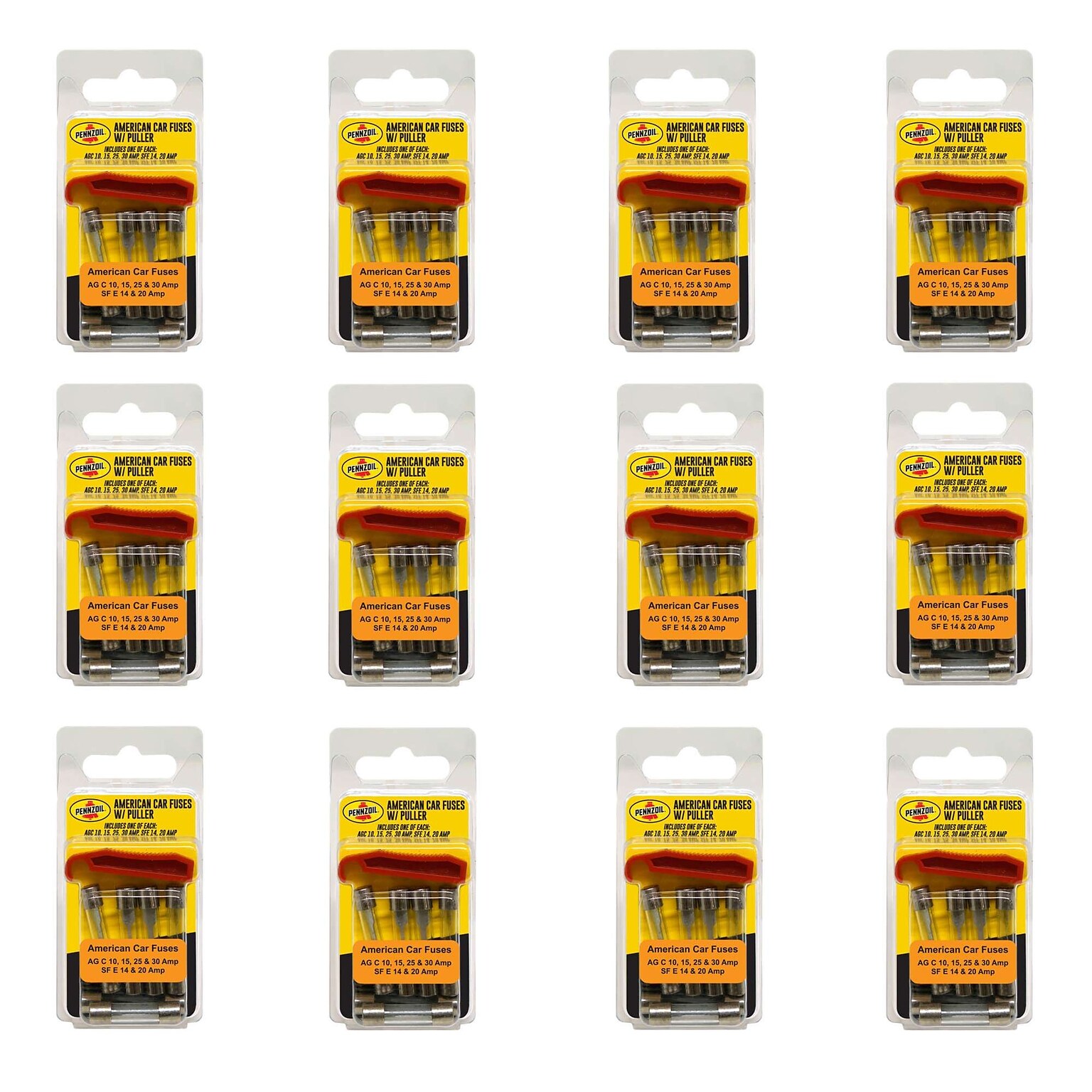 Pennzoil Assorted American Auto Fuses with Puller, 6 Pieces, Black, 12/Pack, 6 Packs/Carton (14752)