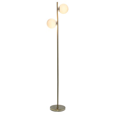 Simple Designs 66" Tall Mid Century Modern Standing Tree Floor Lamp with Dual White Glass Globe Shade, Gold (LF1044-GLD)