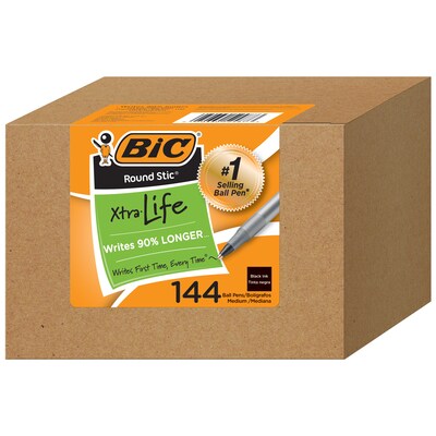 BIC Round Stic Xtra Life Ballpoint Pen, Medium Point, 1.0mm, Black Ink, 144/Pack (GSM144AZ-BLK)