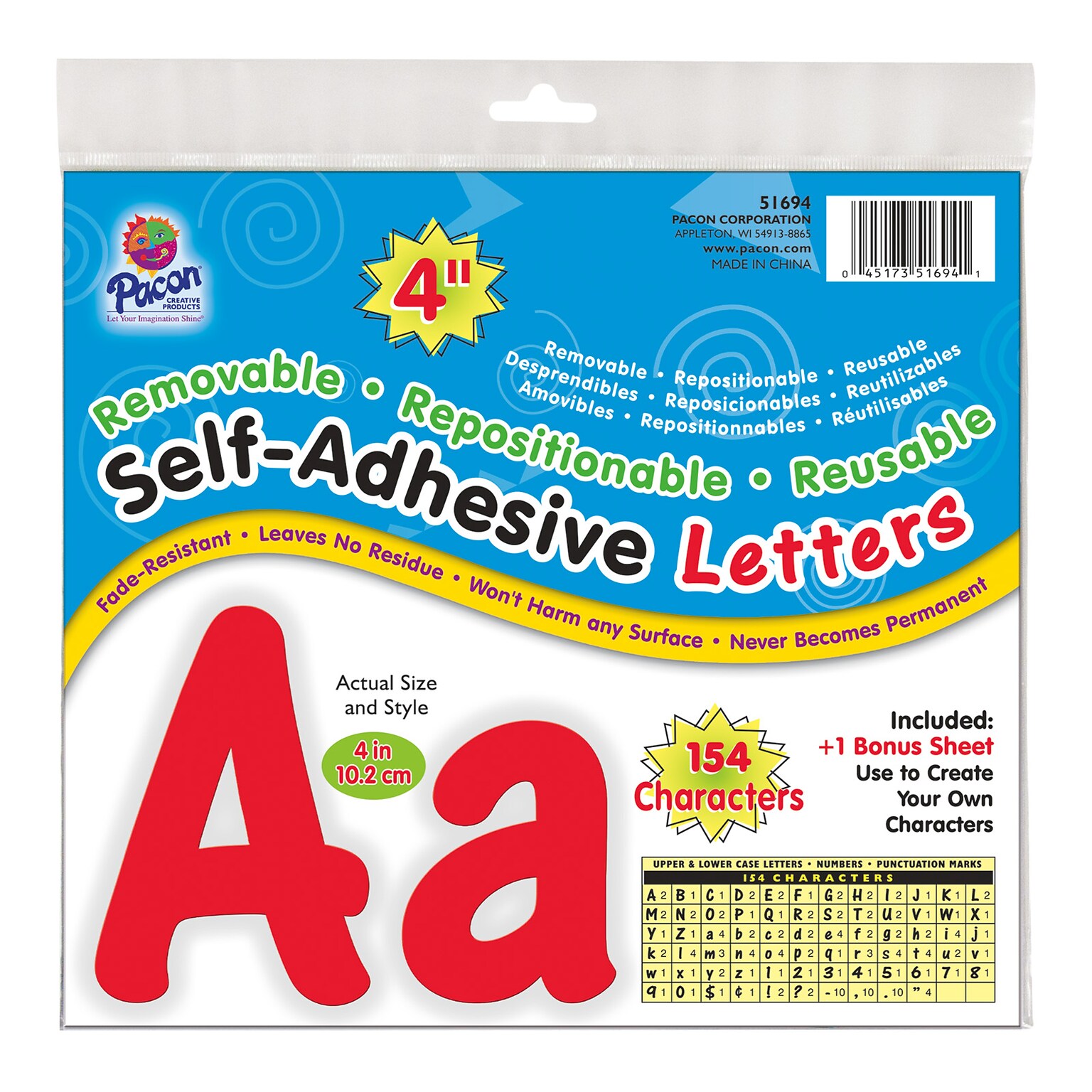 Pacon Cheery Font 4 Letter & Number Adhesive Letters, Red, 154/Pack (PAC51694)