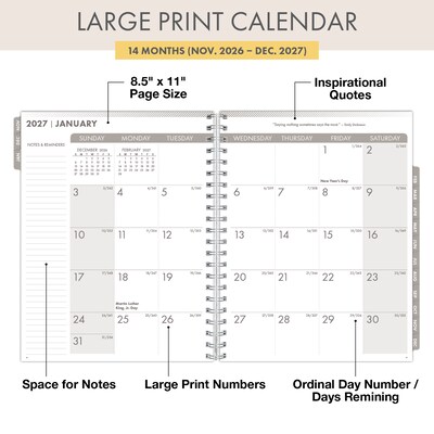 2027 Excello Brands Essential Pro Planner 8.5 x 11 Calendar Year Weekly & Monthly, Hardcover, Small Navy Floral