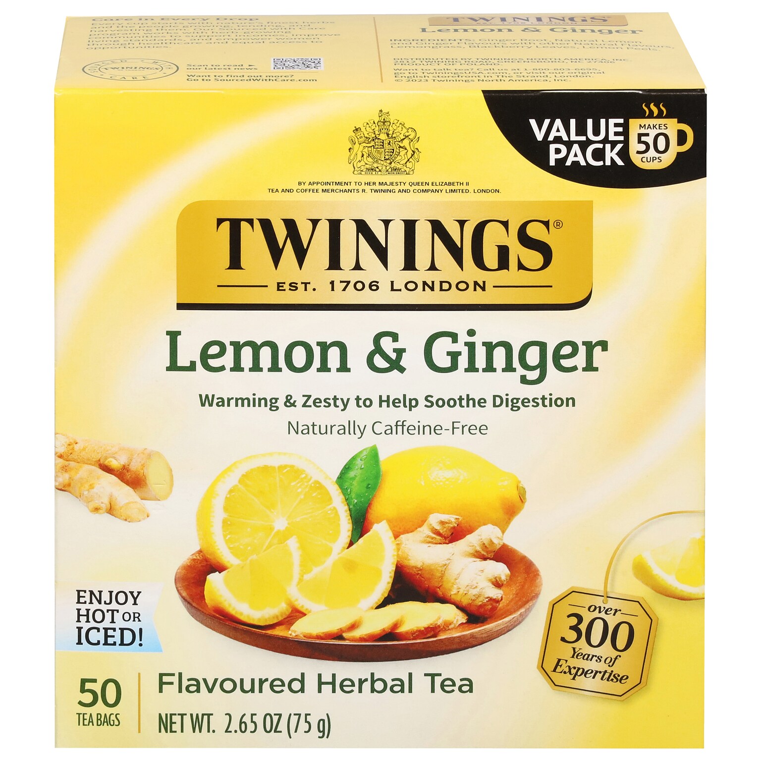 Twinings Lemon and Ginger Herbal Tea Bags, 50/Box (F14990)
