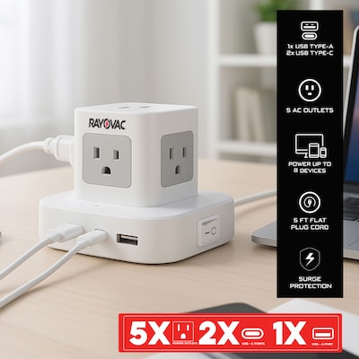 RAYOVAC 5-Outlet 3-USB Port Power Cube Surge Protector with Flat Plug, 5-ft., 540 Joules, White (SS-P927)