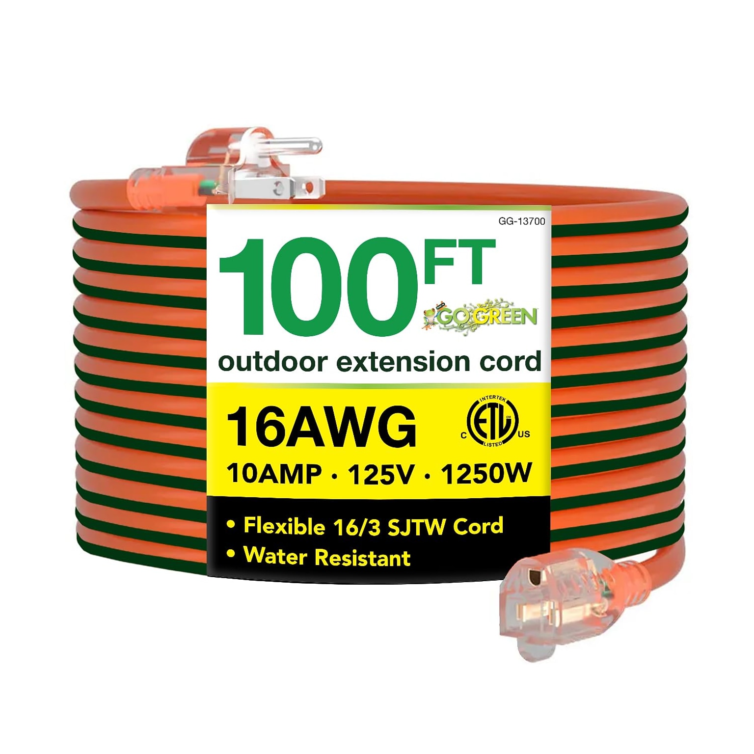 GoGreen Power 100 Indoor/Outdoor Extension Cord, 16 AWG, Orange (GG-13700)