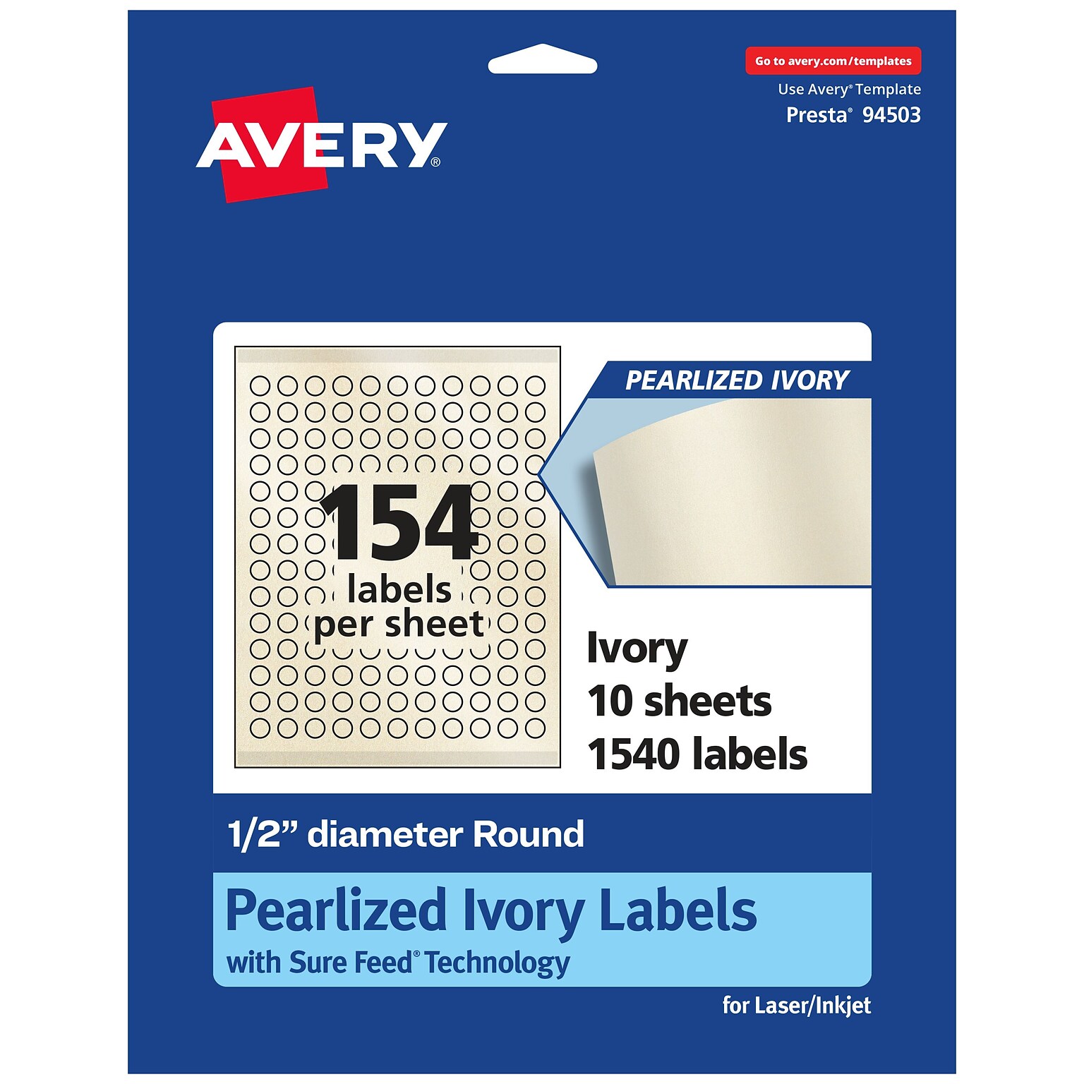Avery Laser/Inkjet Round Multipurpose Labels, 0.5 Dia., Ivory, 1,540 Labels/Pack (94503)