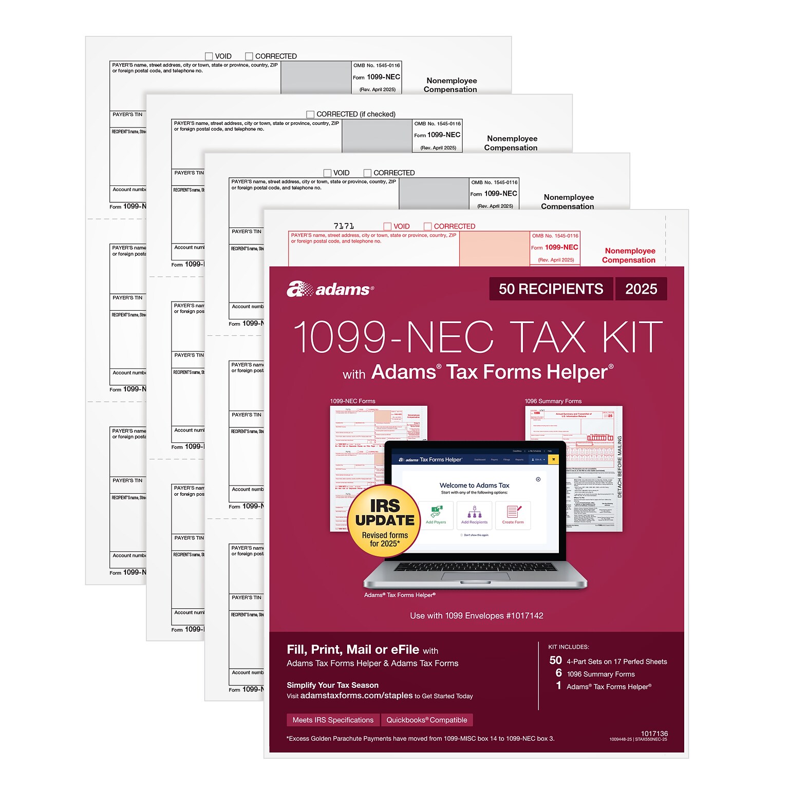 Adams 2025 1099-NEC Tax Forms Kit, 4-Part, 3-Up, A, 1, B & 2, 50/Pack (STAX550NEC-25)