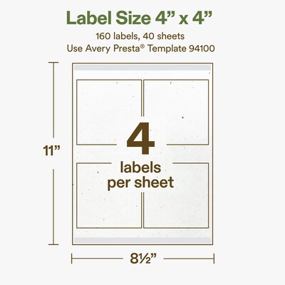 Avery Hemp Square Laser/Inkjet Multipurpose Labels, 4" x 4", Off-White (160/Box)