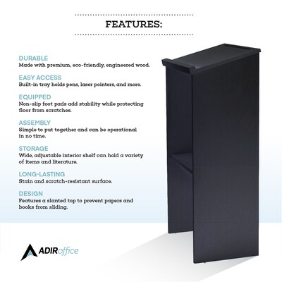 AdirOffice 46"H Floor Standing Lectern with Adjustable Shelf, Black (661-01-BLK)