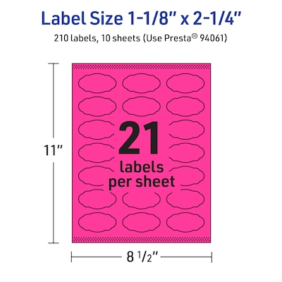 Avery Oval Scalloped Laser/Inkjet Multipurpose Labels, 1-1/8" x 2-1/4", Neon Magenta (210/Pack)
