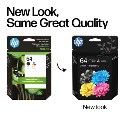 HP 64 Black/Tri-Color Standard Yield Ink Cartridge, 2/Pack (X4D92AN#140)