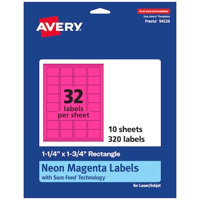 Avery Laser/Inkjet Rectangle Multipurpose Labels, 1.25 x 1.75, Neon Magenta, 320/Pack (94226)