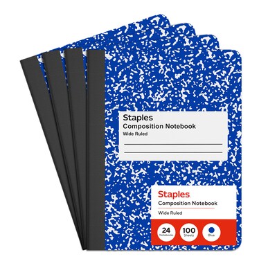 STAPLES Composition Notebook, 9.75” x 7.5”, Wide Ruled, 100 Sheets, Blue, 24-Pack