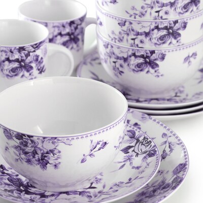 Elama Traditional Rose Stoneware Dinnerware Set, Purple, 16 Piece (935121712M)