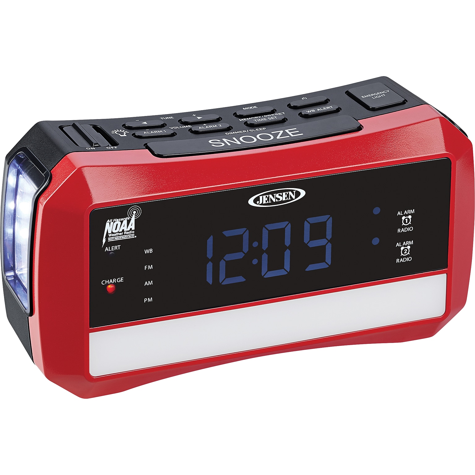 Jensen Wireless Digital AM/FM Alarm Clock Radio with NOAA Weather Alert, Emergency Light, and Built-in Flashlight, Red/Black