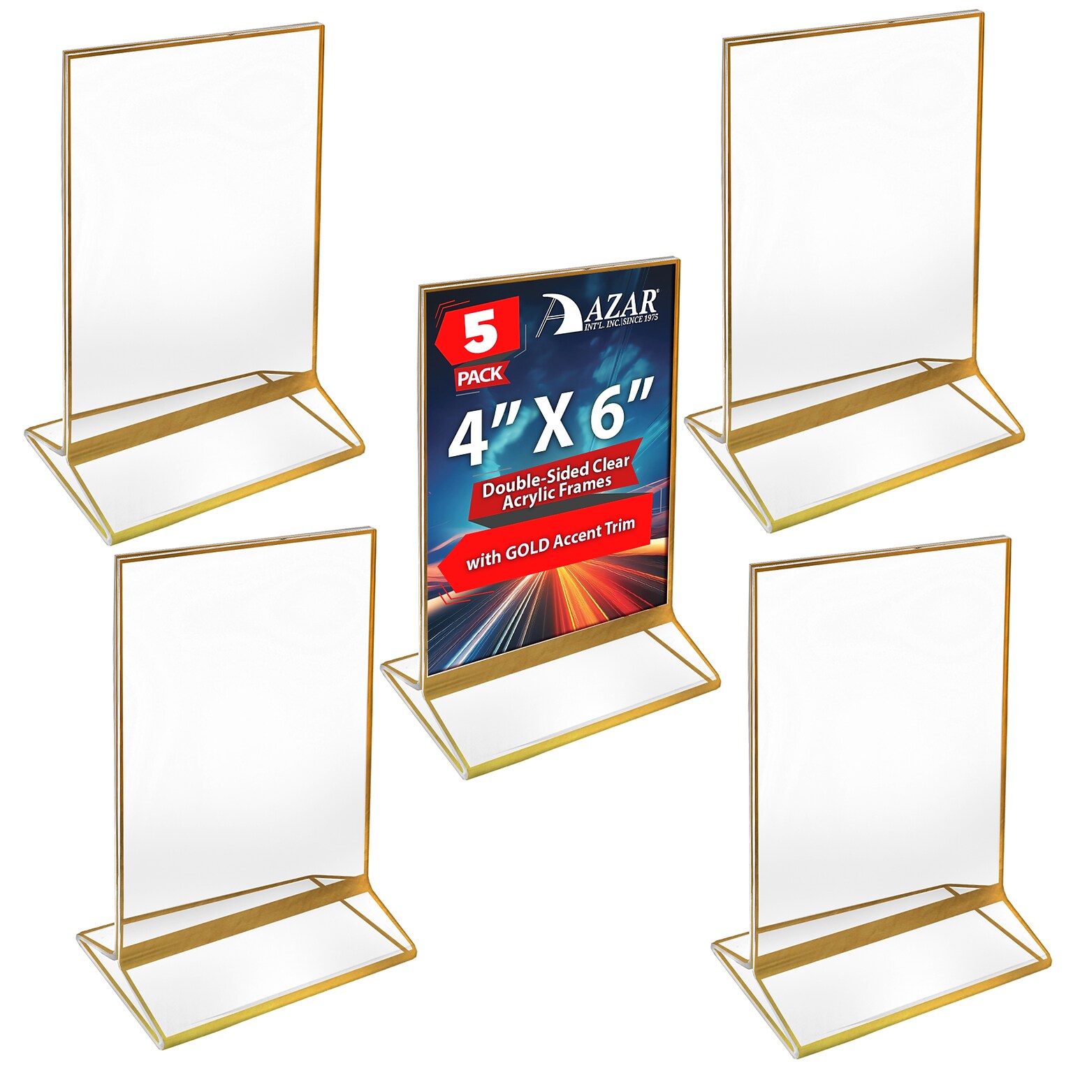 Azar 4 x 6 Acrylic Double-Sided Frames, Gold, 5/Pack (152792-GLD-5PK)