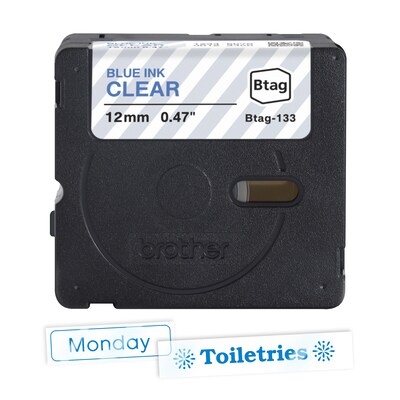 Brother P-touch Btag Label Tape, 1/2" x 13.1' (12mm x 4m), Blue on Clear (BTAG133)