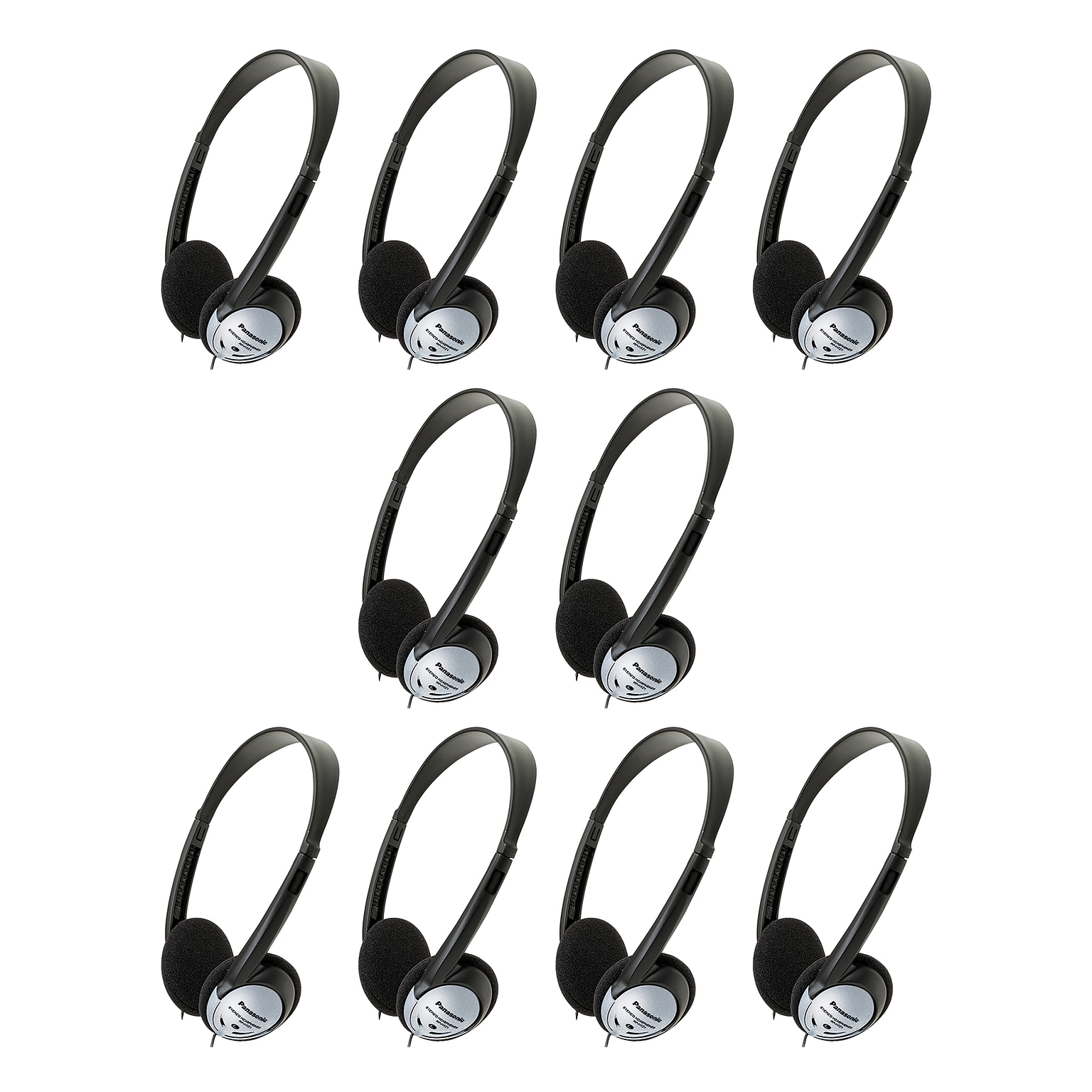Panasonic Lightweight On-Ear Headphones with XBS® for Deep Bass, 10/Pack, Black (RP-HT21)