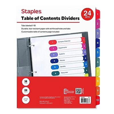 Staples Customizable Table of Contents Numeric Dividers, 10-Tabs, 24 Sets, Multicolor