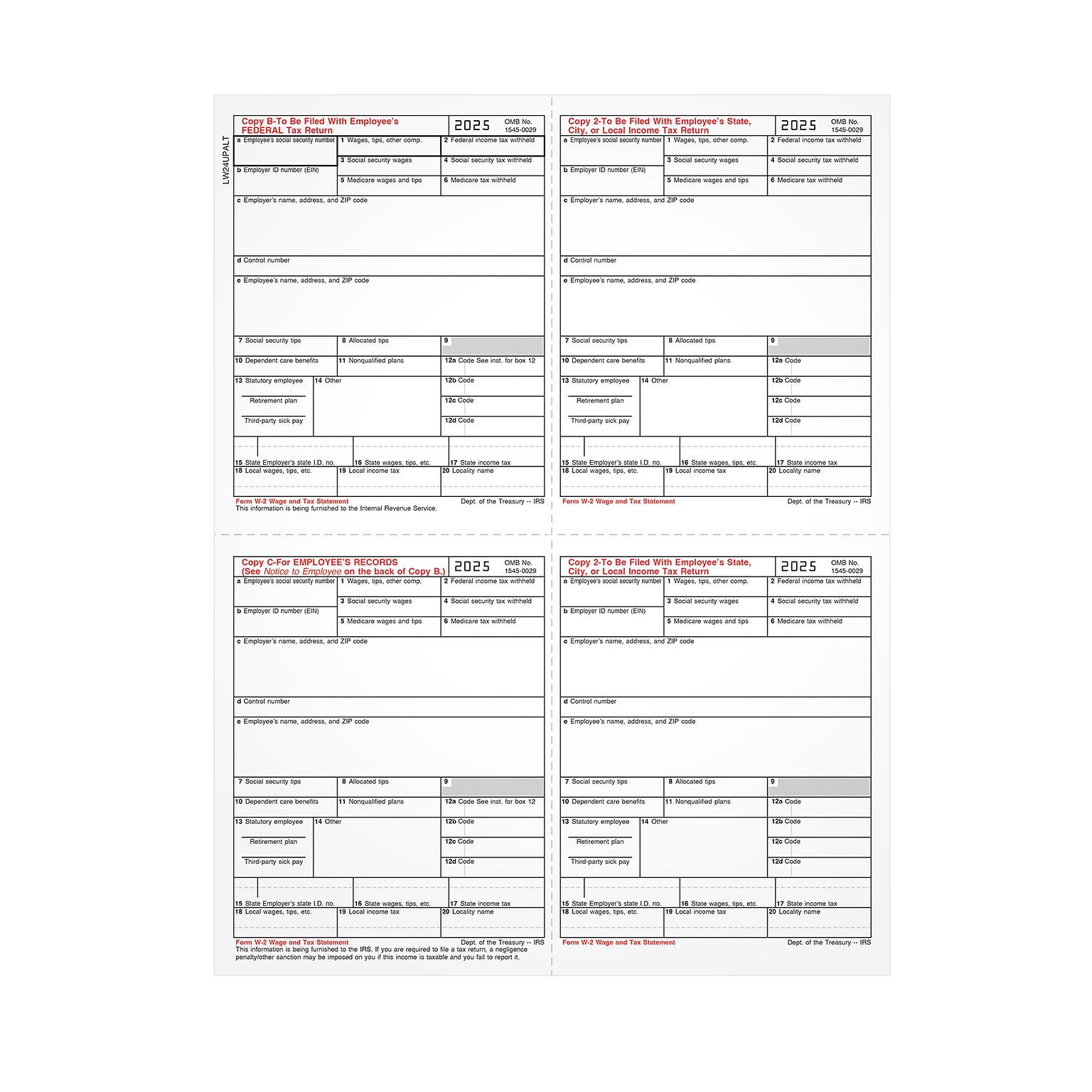 Adams Employees Copies Cut Sheet 2025 W-2 Tax Form, 1-Part, Copy B, C, 2, 100/Pack (LW24UPALT100)