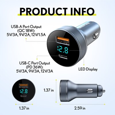 Overtime A40 54W Dual-Port USB-C and USB-A Car Charger with LED Voltage Display, Black (OCA40BK)
