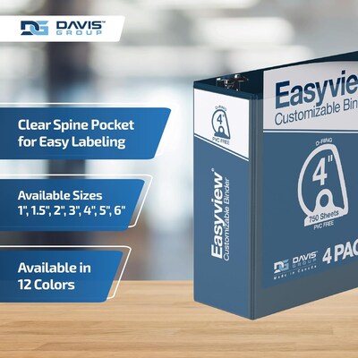 Davis Group Easyview Premium 4" Angle D Ring, Customizable, View Binder, Navy Blue, 4/Pack (8406-72)