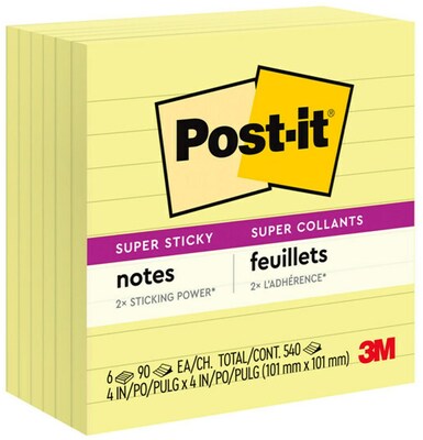 Post-it Super Sticky Notes, 4 x 4, Canary Yellow, Lined, 90 Sheets/Pad, 6 Pads/Pack (675-6SSCY)