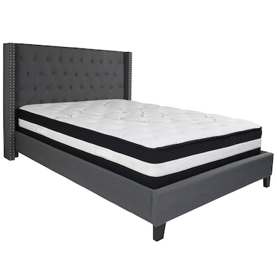 Flash Furniture Riverdale Tufted Upholstered Platform Bed in Dark Gray Fabric with Pocket Spring Mat