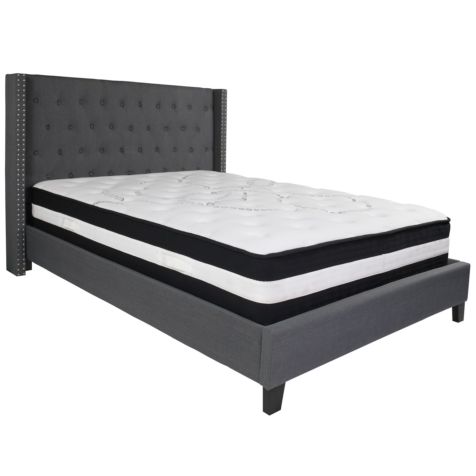 Flash Furniture Riverdale Tufted Upholstered Platform Bed in Dark Gray Fabric with Pocket Spring Mattress, Queen (HGBM47)