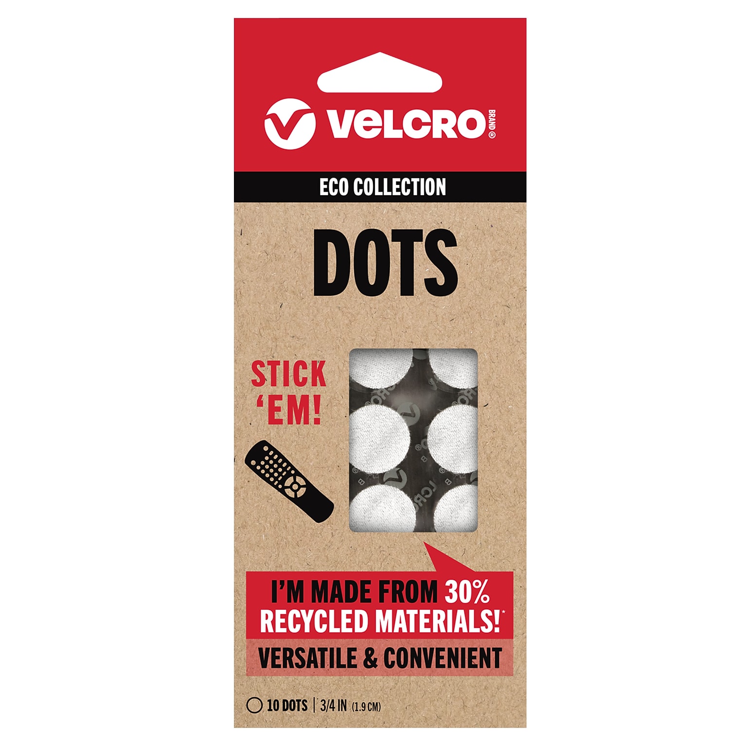 Velcro® ECO Collection Adhesive Back Hook and Loop Dots Fastener, 0.75, White (VEL-30864-USA)