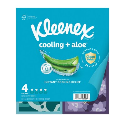 Kleenex Cooling + Aloe Facial Tissue, 2-ply, 50 Tissues/Box, 4 Boxes/Pack (56523)