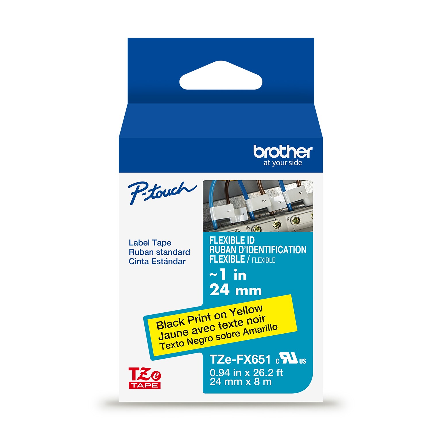 Brother P-touch Flexible ID Laminated Label Tape, 1 x 26.2, Black on Yellow (TZeFX651)