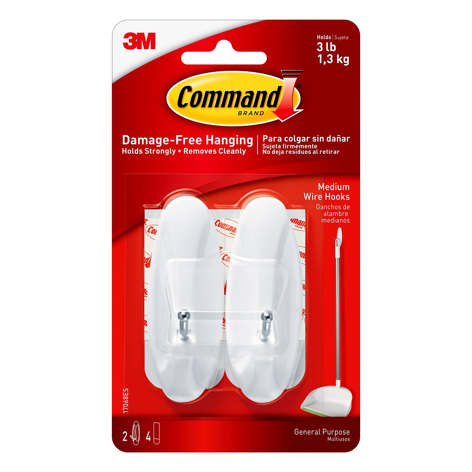 Command Medium Wire Hooks, 3 lb., White, 2/Pack (17068)