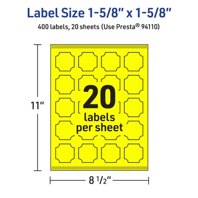 Avery Decorative Edge Multipurpose Labels, 1-5/8" x 1-5/8", Neon Yellow, 400/Pack (94110)