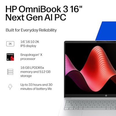 HP OmniBook 3 16 Laptop, Copilot+ PC, Snapdragon X X1-26-100, 16GB RAM, 512GB SSD, +33 Hour Battery, Windows 11 Home