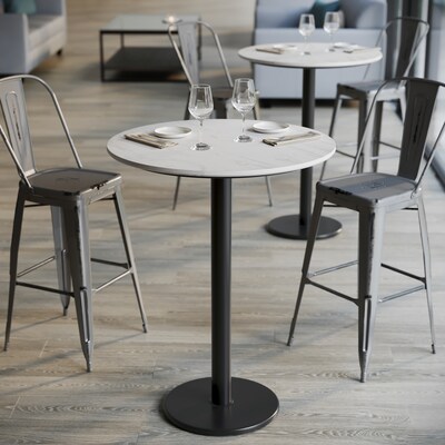 Flash Furniture Acadia 31.25" Round Wooden Dining Table with Round Base, White Faux Marble/Black Base (STRD31WMATR18B)