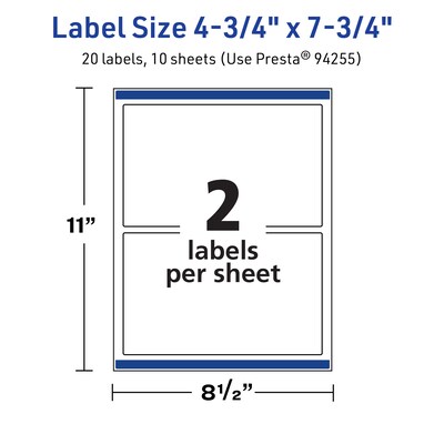Avery TrueBlock Laser/Inkjet Rectangle Multipurpose Labels, 4.75" x 7.75", White, 20/Pack (94255)
