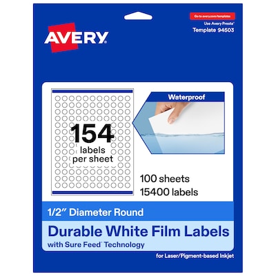 Avery Laser/Inkjet Circle  Waterproof Multipurpose Labels, 0.5  Dia, White, 15400/Box (94503)