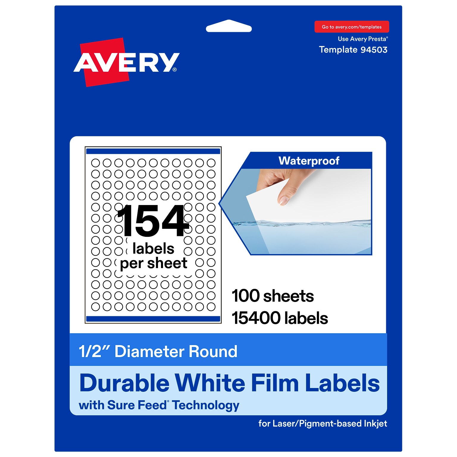 Avery Laser/Inkjet Circle  Waterproof Multipurpose Labels, 0.5  Dia, White, 15400/Box (94503)