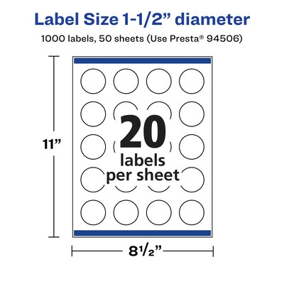 Avery Laser/Inkjet Round Multipurpose Labels, 1.5" Dia., 1,000 Labels/Box (94506)