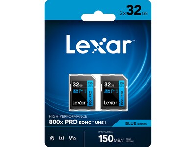Lexar High-Performance 800x PRO BLUE Series 32GB SDHC Memory Card, Class 10, UHS-I, V10, 2/Pack (LSD0800P032G-B2NNU)