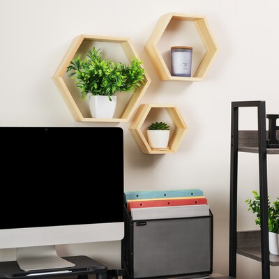 Mind Reader 3-Shelf Bamboo Mouted Honeycomb Hexagon Floating Shelves, 12" x 3.13" x 13.75" (WWALL3PC-BRN)