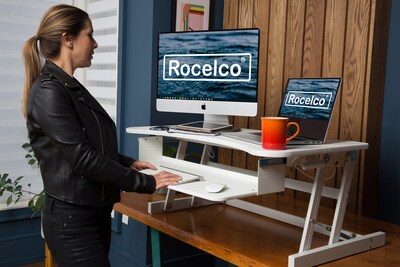 Rocelco 37.5" Height Adjustable Standing Desk Converter, Sit Stand Up Retractable Keyboard Riser, White (R DADRW)