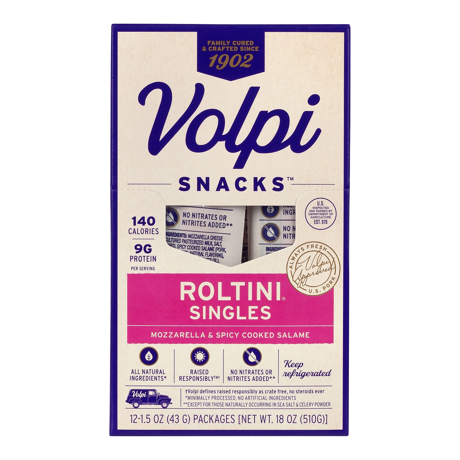 Volpi Roltini Singles, Spicy Salami & Mozzarella, 1.5 oz, 24/Pack (220-02485)