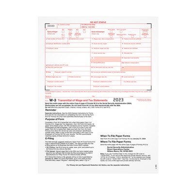 TOPS 2023 W-3 Tax Form, 1-Part, 25/Pack (LW325) | Quill