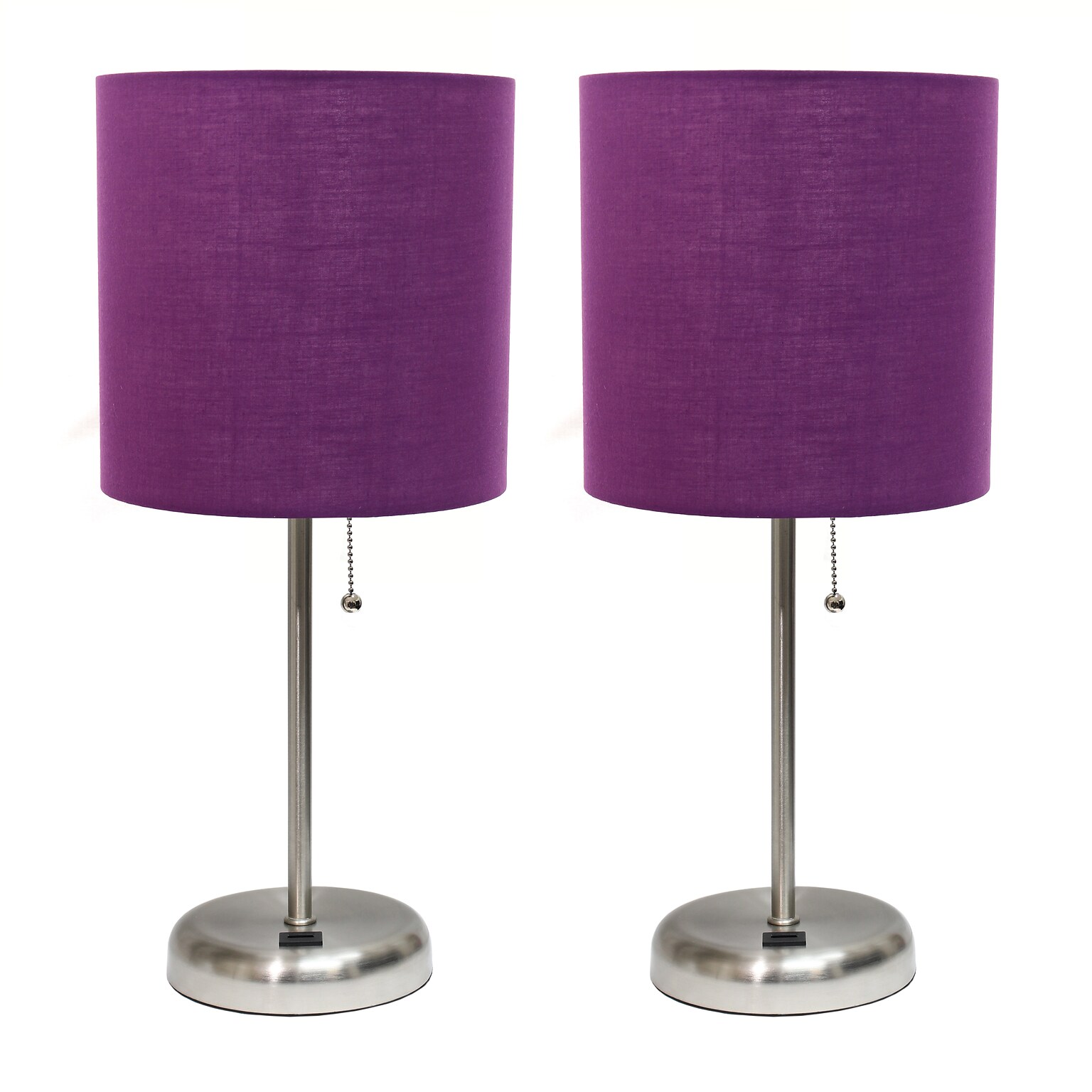 Creekwood Home Oslo Duo 19.5 LED Table Lamp with USB Port, Brushed Steel/Purple Shade, 2/Set (CWT-2012-PR-2PK)