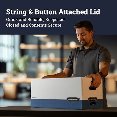 Bankers Box Heavy-Duty Corrugated File Storage Boxes, String & Button, Legal Size, White/Blue, 4/Carton (0001203)
