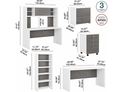 Bush Business Furniture Echo 60"W Bow Front Desk, Credenza w/ Hutch, Bookcase and File Cab, Pure White/Modern Gray (ECH029WHMG)
