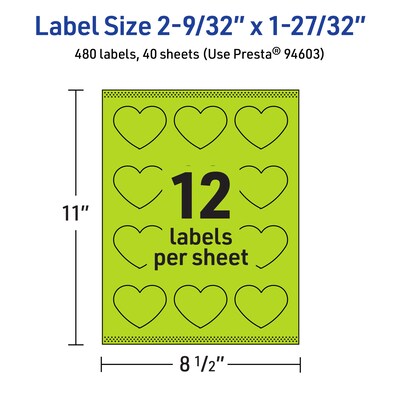Avery Printable Heart Shaped Multipurpose Labels, 2-9/32" x 1-27/32", Bright Green, 480/Pack (94603)
