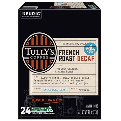 Tully's French Roast Decaf Coffee Keurig® K-Cup® Pods, Dark Roast, 24/Box (192419)